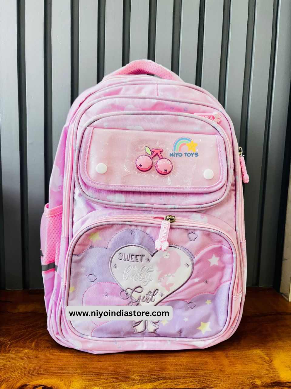 NIYO TOYS premium girls school backpack in pink with fun designs and multiple compartments