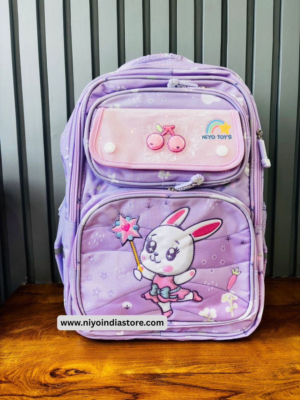 NIYO TOYS premium girls school backpack in purple with cute bunny design and multiple compartments