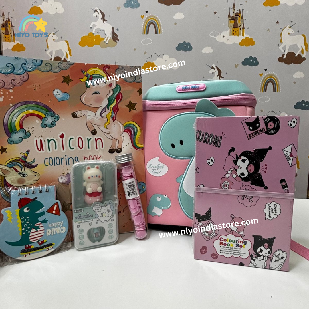 NIYO TOYS rakhi hamper featuring a unicorn coloring book, stationery, and cute accessories for kids