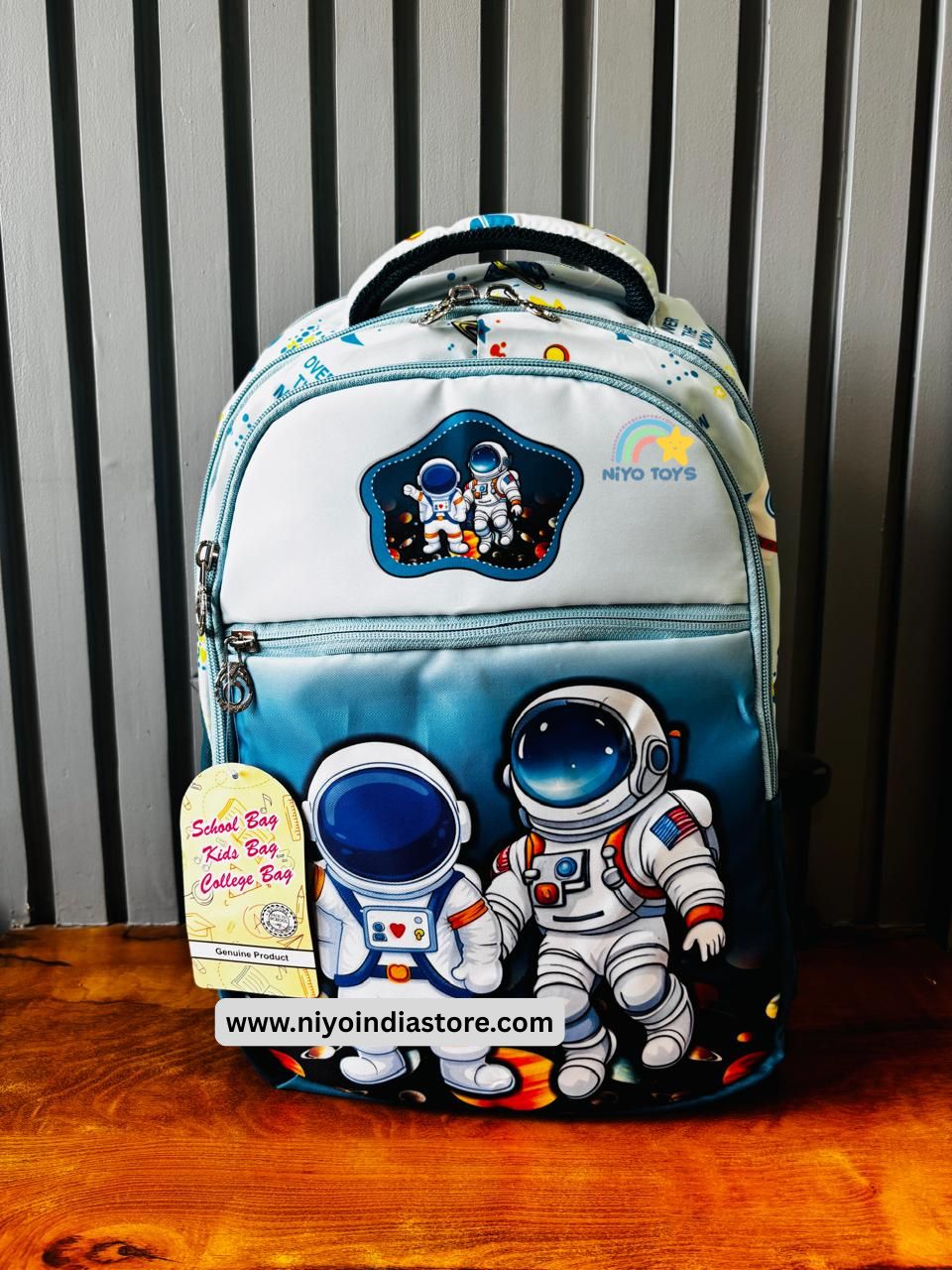 NIYO TOYS space design backpack for school featuring astronauts and colorful space graphics
