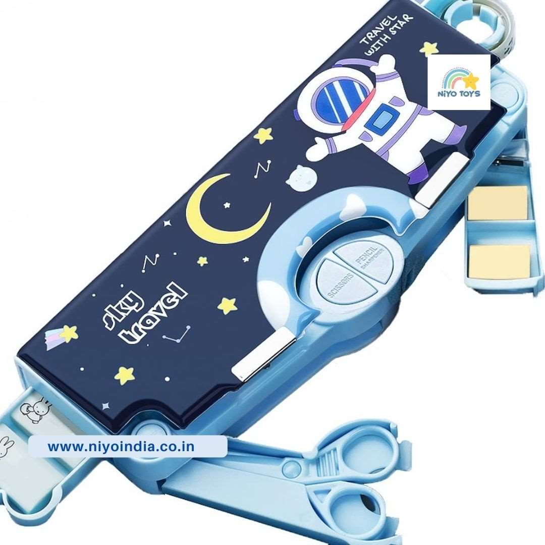 Space theme kids pencil box featuring an astronaut design with moon and stars for creative young learners