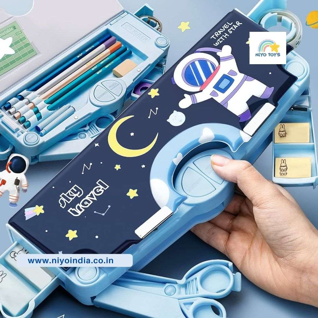 Space theme kids pencil box featuring an astronaut design and moon graphics for school supplies