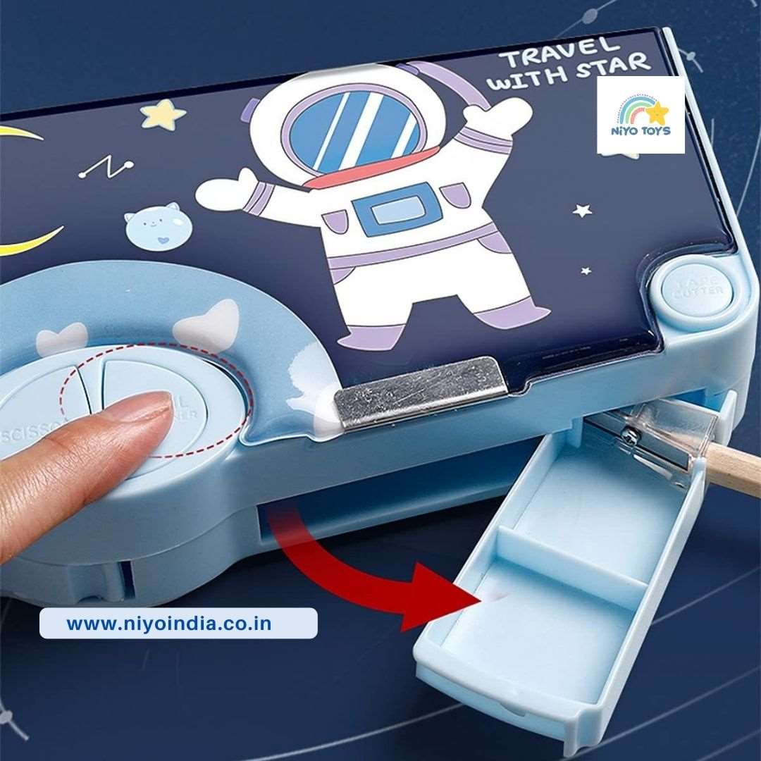 Space theme kids pencil box featuring an astronaut design and a sliding compartment for easy access