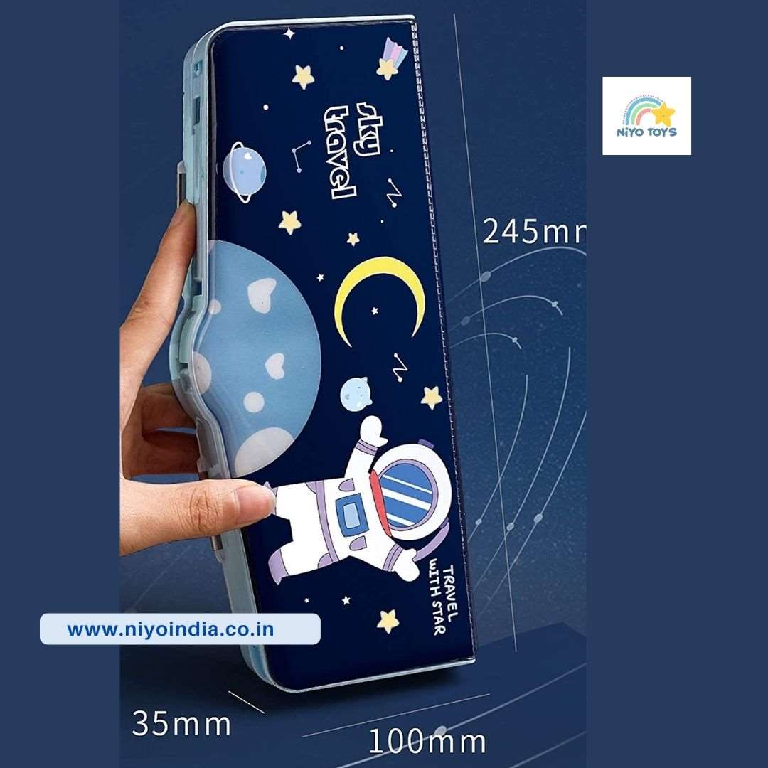 Space theme kids pencil box featuring an astronaut and planets for creative school supplies