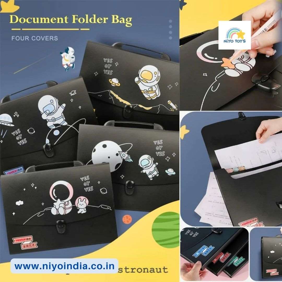 Space themed document holder featuring colorful astronaut designs and multiple cover options