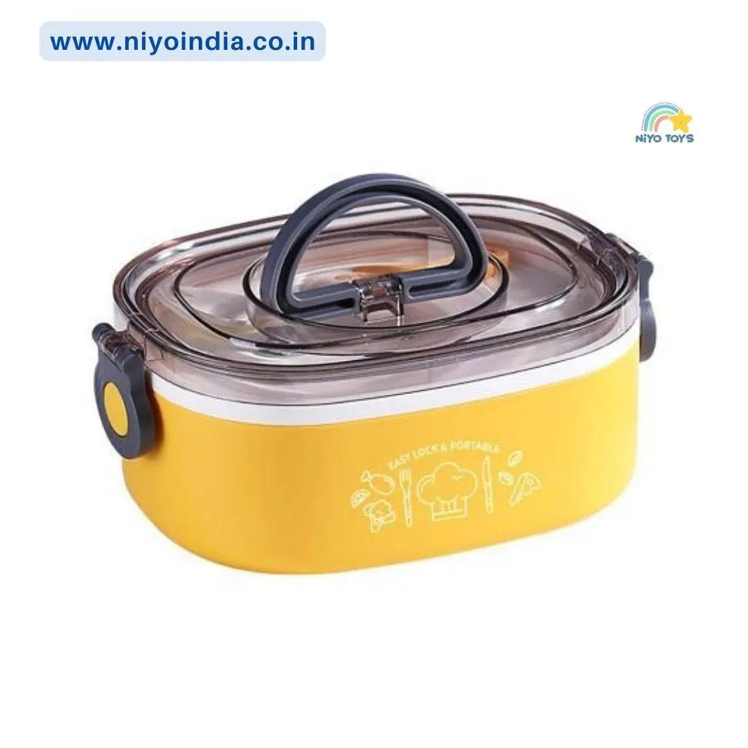 NIYO TOYS Yellow Stainless Steel Lunch Box for Kids with Secure Lock and Easy Carry Handle