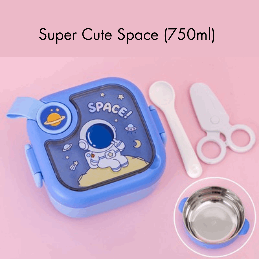 Teeny Tiny lunch box for kids featuring a space design with an astronaut and accessories