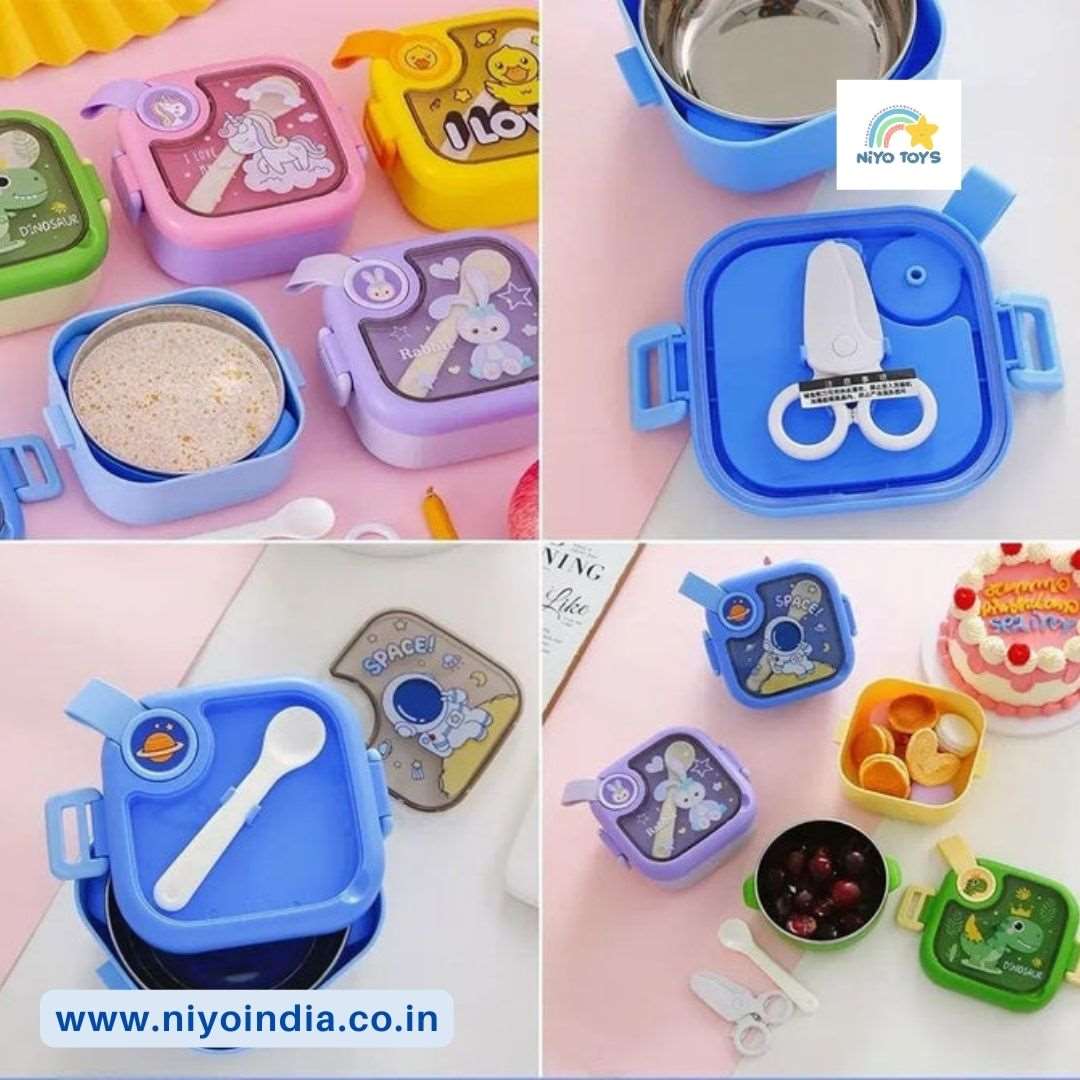 Colorful Teeny Tiny lunch box for kids by Niyo Toys featuring compartments and utensils for meals.