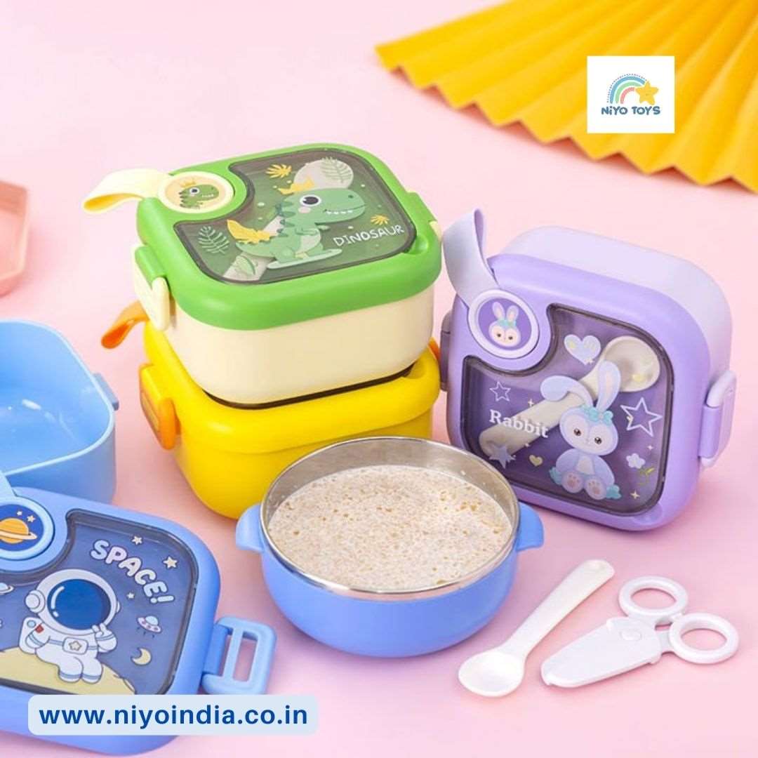 Teeny Tiny lunch box for kids in colorful designs featuring dinosaurs and rabbits with accessories