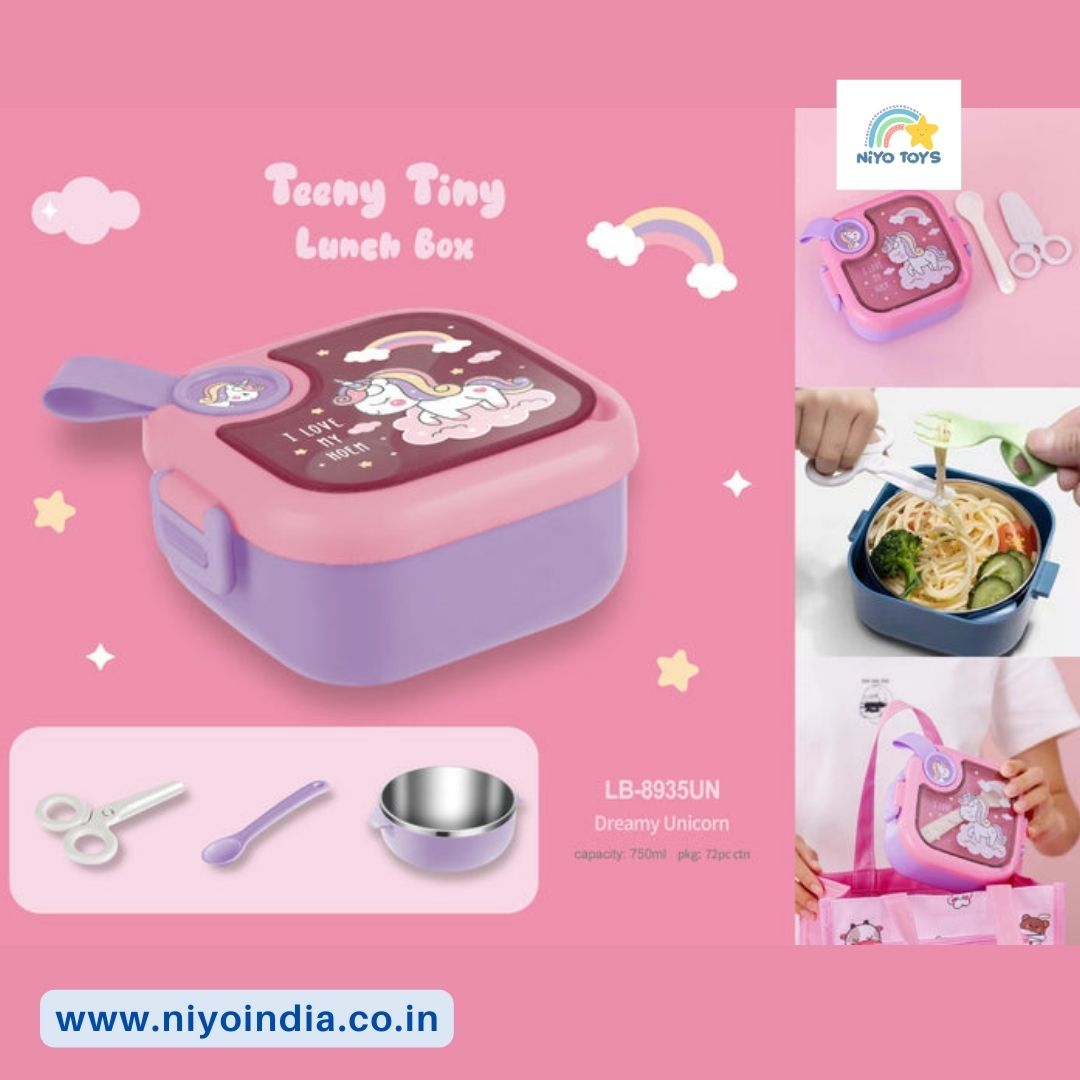 Teeny Tiny lunch box for kids featuring a dreamy unicorn design in pink and purple colors
