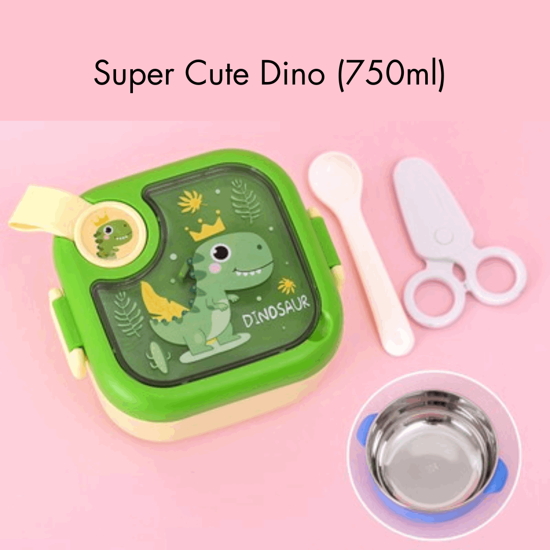 Teeny Tiny lunch box for kids featuring a dinosaur design with a spoon and scissors in bright colors