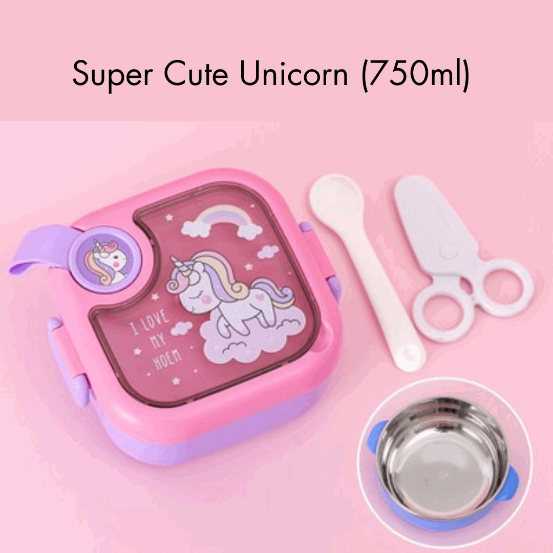 Teeny Tiny lunch box for kids featuring a cute unicorn design with a spoon and scissors