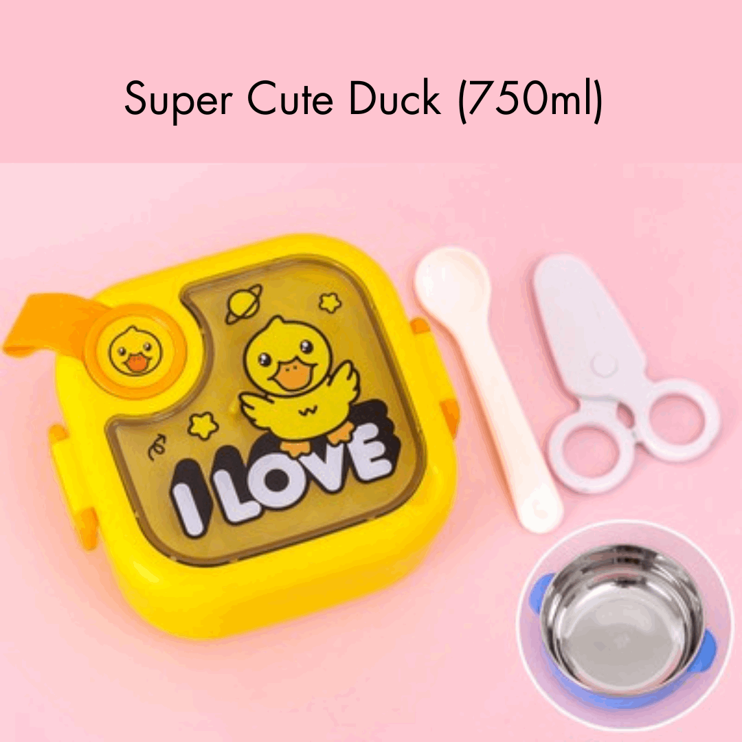 Teeny Tiny lunch box for kids in bright yellow with cute duck design and included spoon and scissors