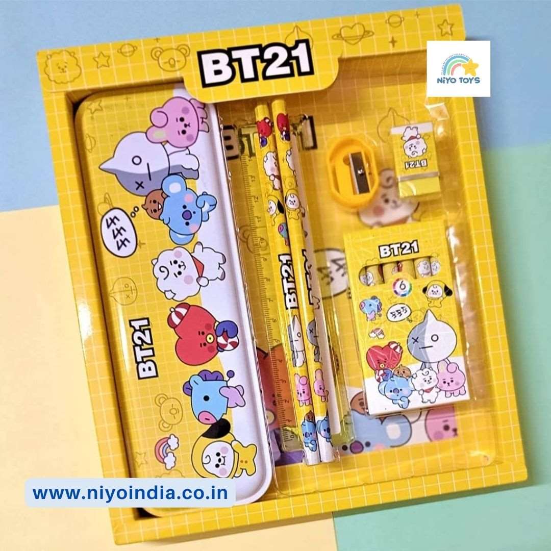Unique kids stationery set featuring colorful BT21 characters with pencils, an eraser, and a sharpener