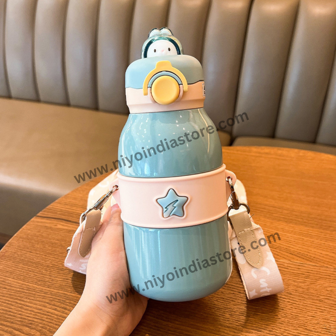 NIYO TOYS Cute Blue Sipper Bottle with Adjustable Straps and Fun Design for Kids