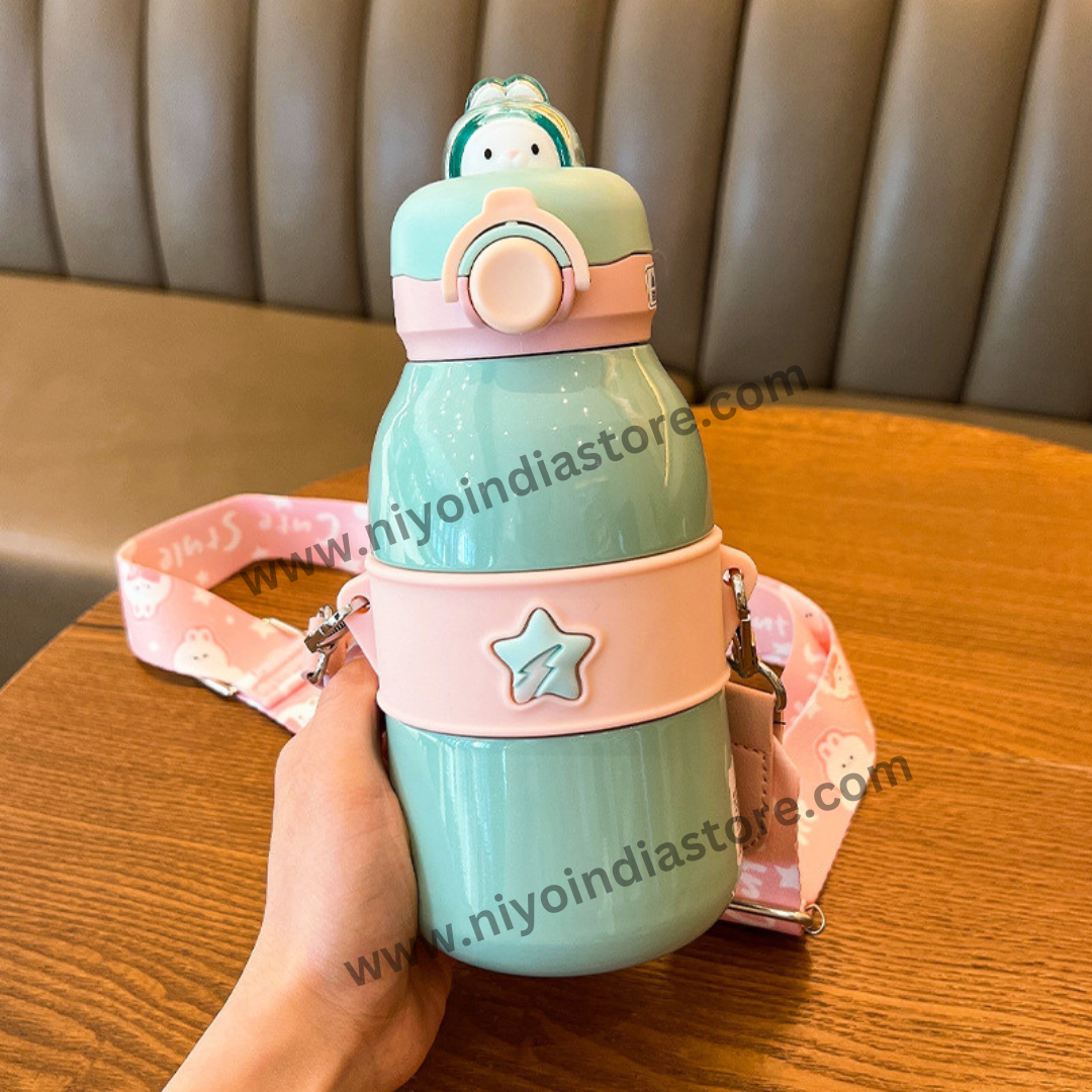 NIYO TOYS Cute Mint Green Sipper Bottle with Adjustable Strap and Character Lid for Kids