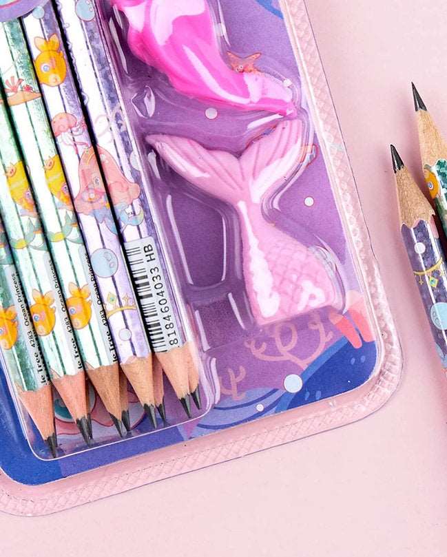 Ocean princess pencil set for kids featuring colorful pencils and a pink mermaid eraser for creative fun
