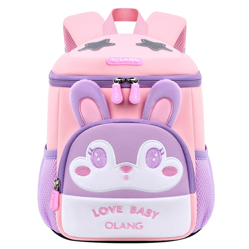 Cute NIYO TOYS waterproof children's schoolbag in pink and purple with bunny design and adjustable straps