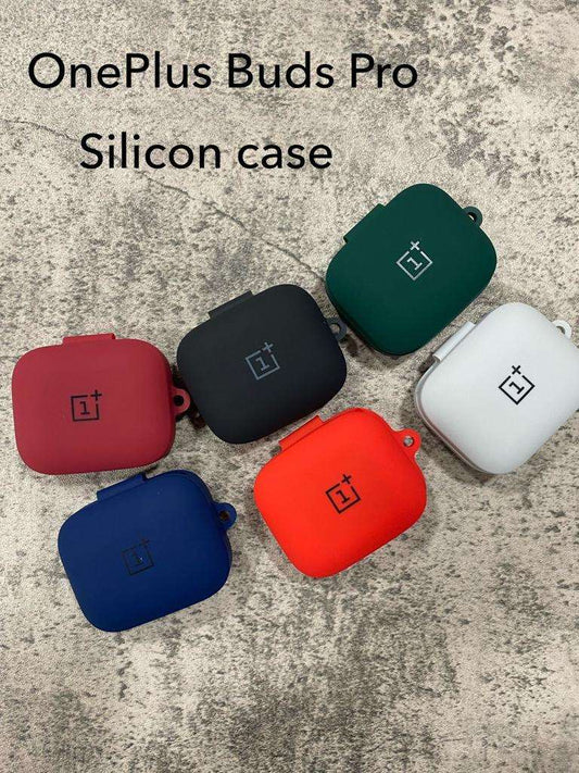 Colorful OnePlus Buds Pro silicone case collection featuring red, green, black, white, and blue options