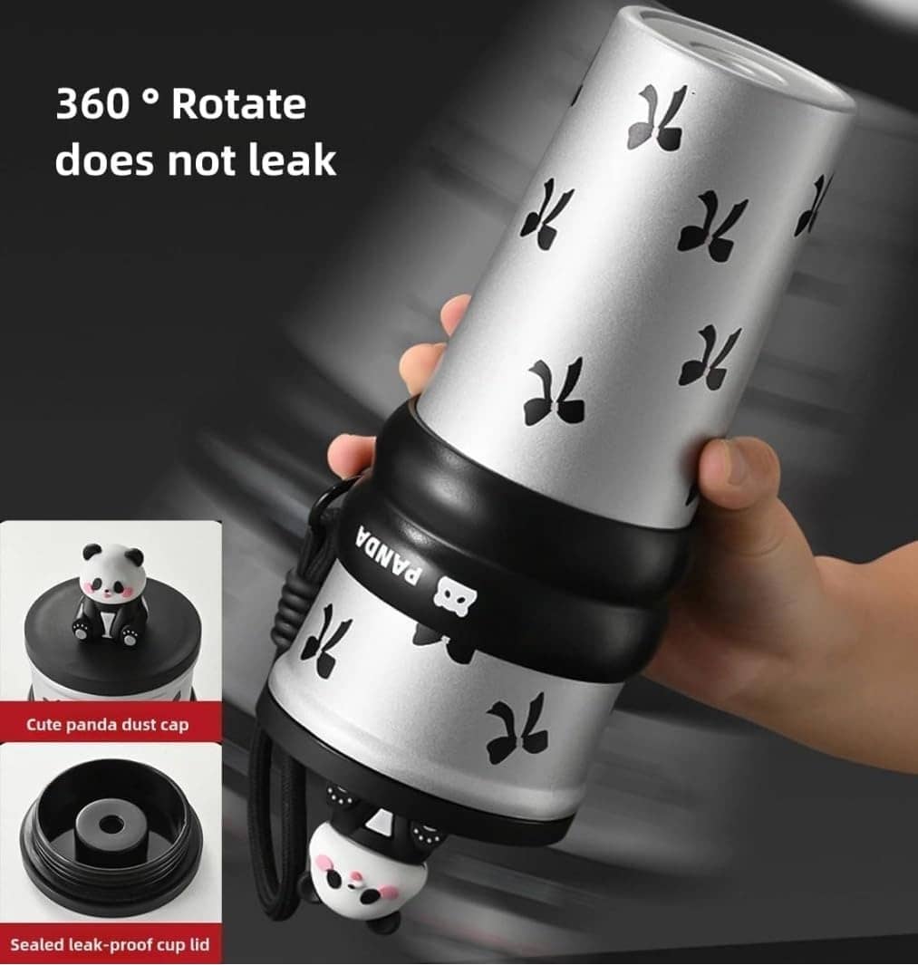 Owala black cherry water bottle with panda design, sealed lid, suitable for kids and adults.