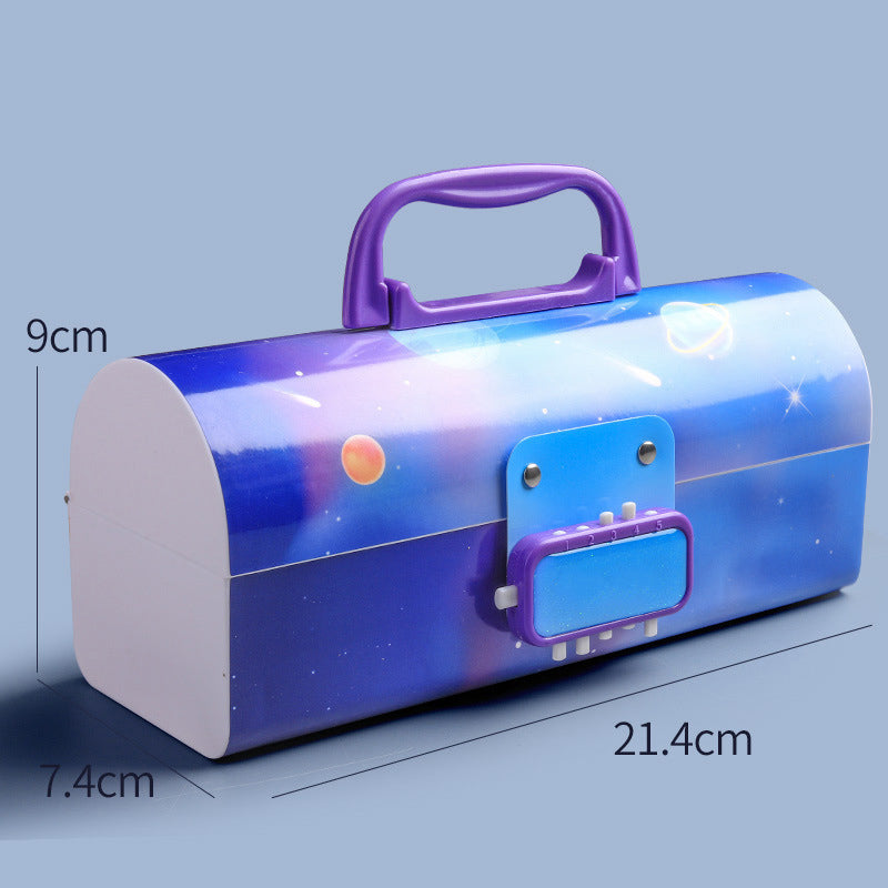 NIYO TOYS password lock pencil case for kids featuring a colorful space design