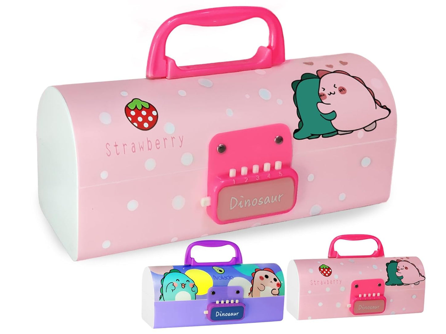 NIYO TOYS password lock pencil case for kids in pink with dinosaur and strawberry design