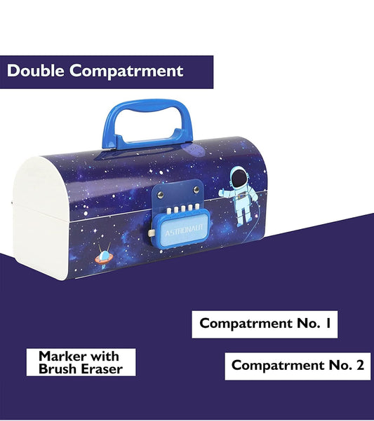 NIYO TOYS double compartment password lock pencil case for kids with space design and included markers