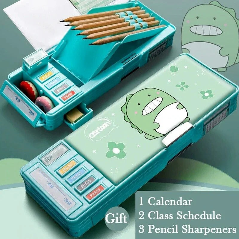 NIYO TOYS teal pencil case for kids with calendar, class schedule, and pencil sharpeners, perfect for school use