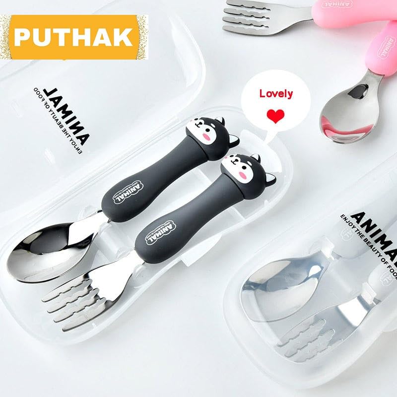 NIYO TOYS feeding set with black animal-themed fork and spoon in clear case for toddlers