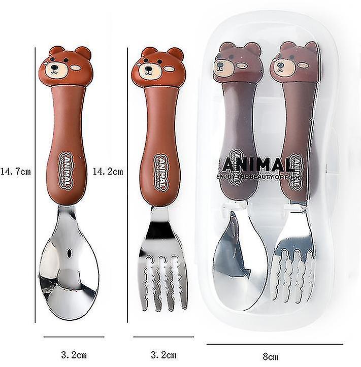 NIYO TOYS kids feeding set with bear-shaped handles spoon and fork in brown color