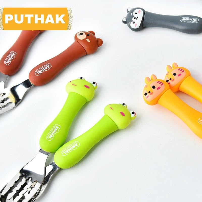 NIYO TOYS feeding set with animal-themed colorful handles for kids including frog, bear, cat, and rabbit designs
