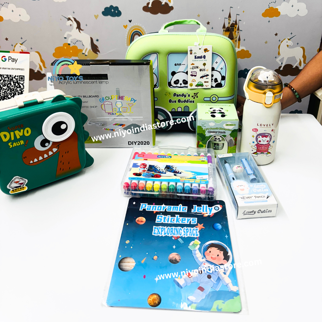 NIYO TOYS rakhi hamper for boys with dinosaur lunchbox, green backpack, water bottle, stickers, and art supplies