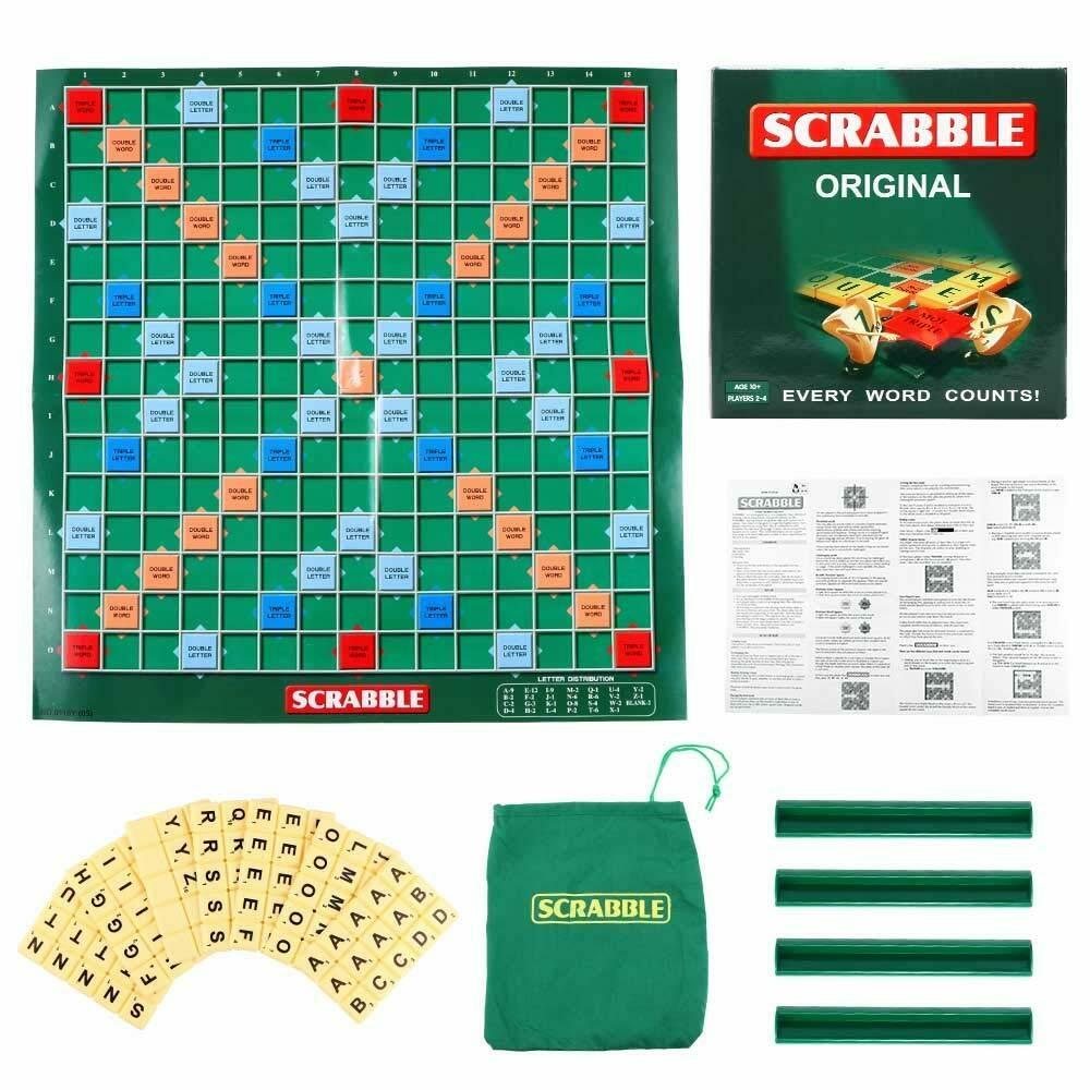 NIYO TOYS mini Scrabble board game with green board, letter tiles, tile racks, and instruction booklet