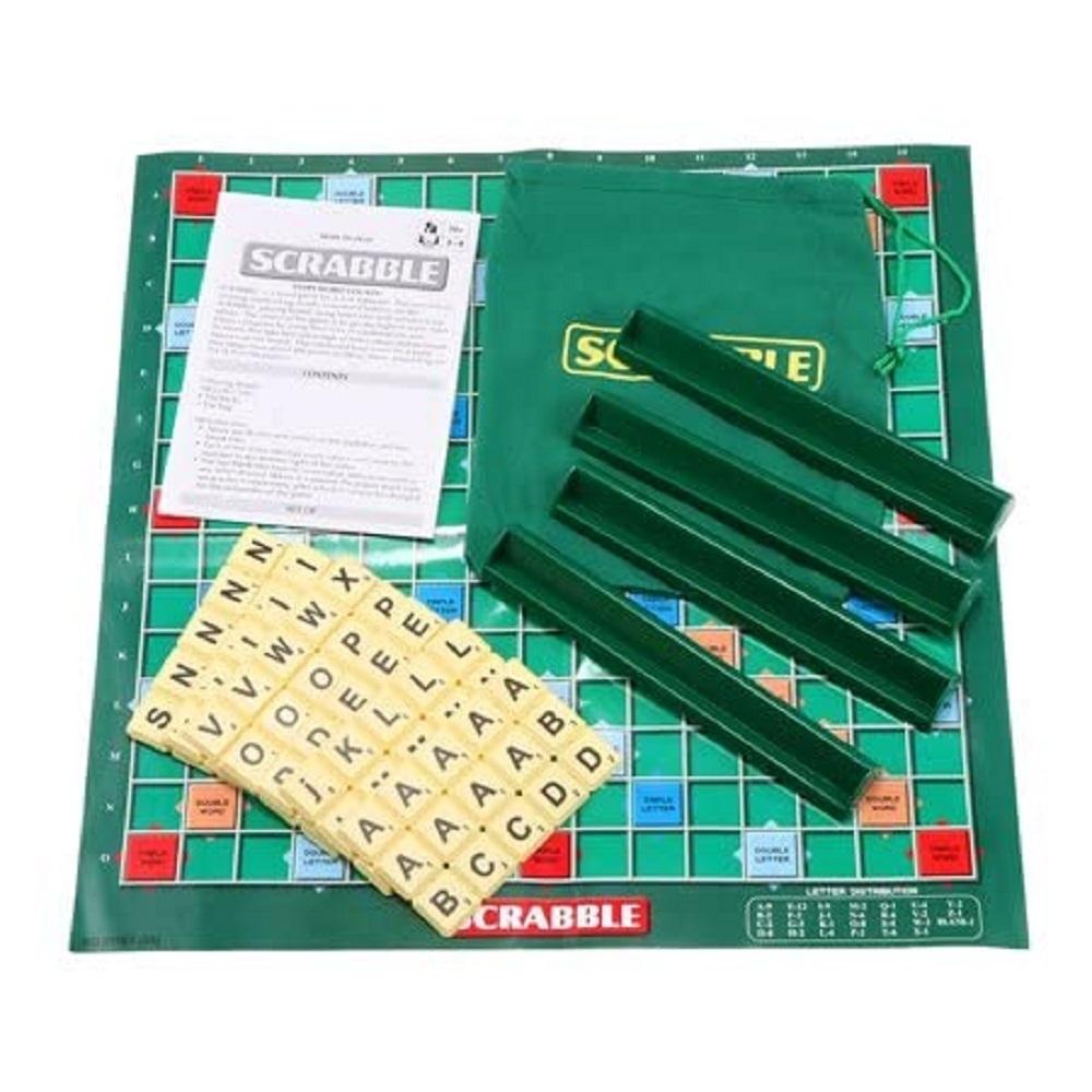 NIYO TOYS mini Scrabble board game with green foldable board tiles racks and letter tiles