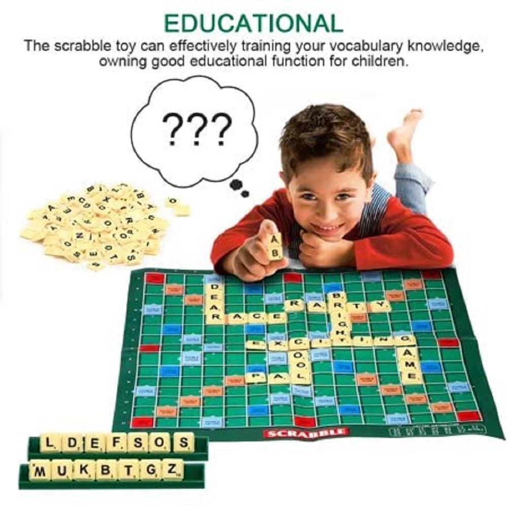 NIYO TOYS mini Scrabble board game with letter tiles and child playing for educational vocabulary learning