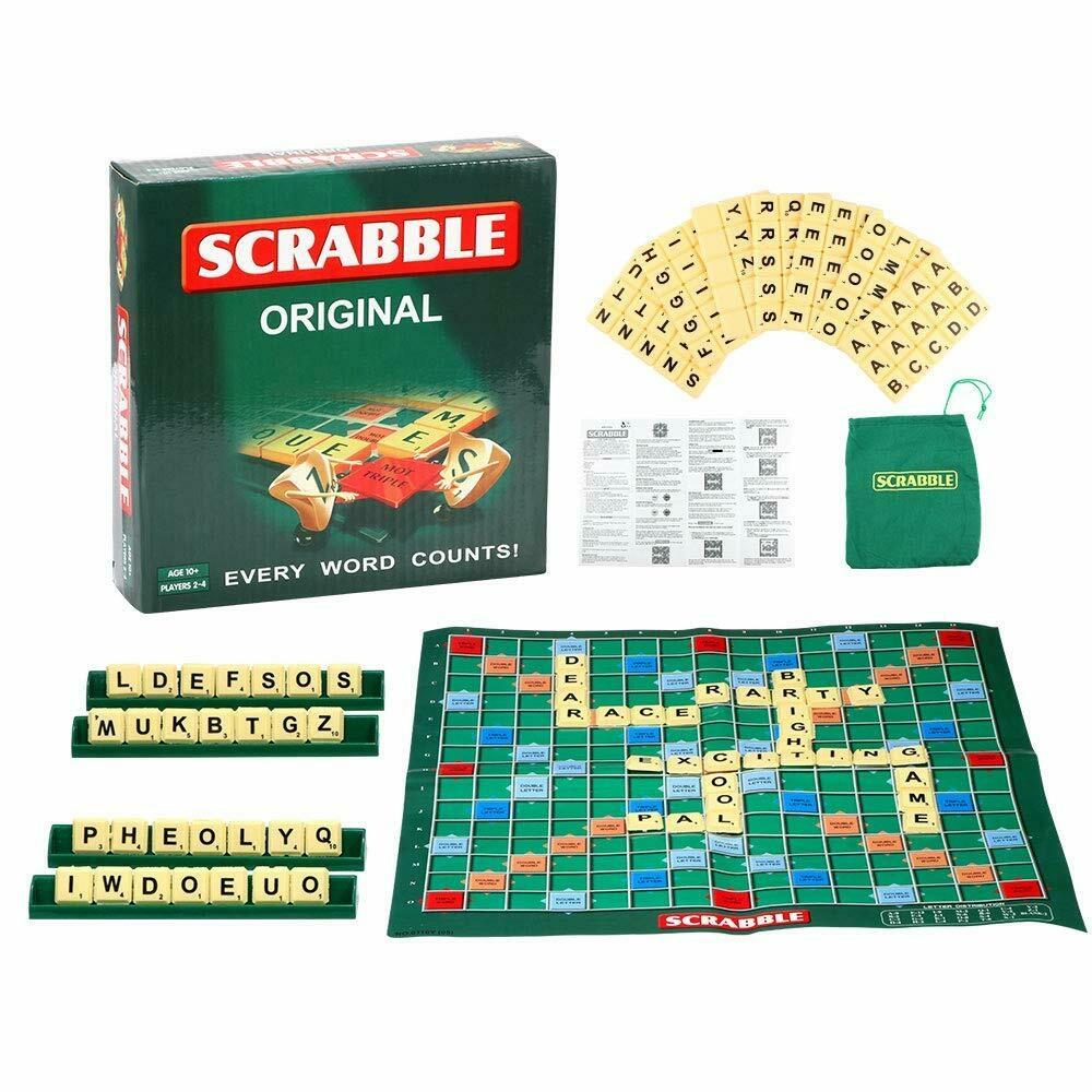 NIYO TOYS mini Scrabble board game set with green folding board, letter tiles, tile racks, and instructions