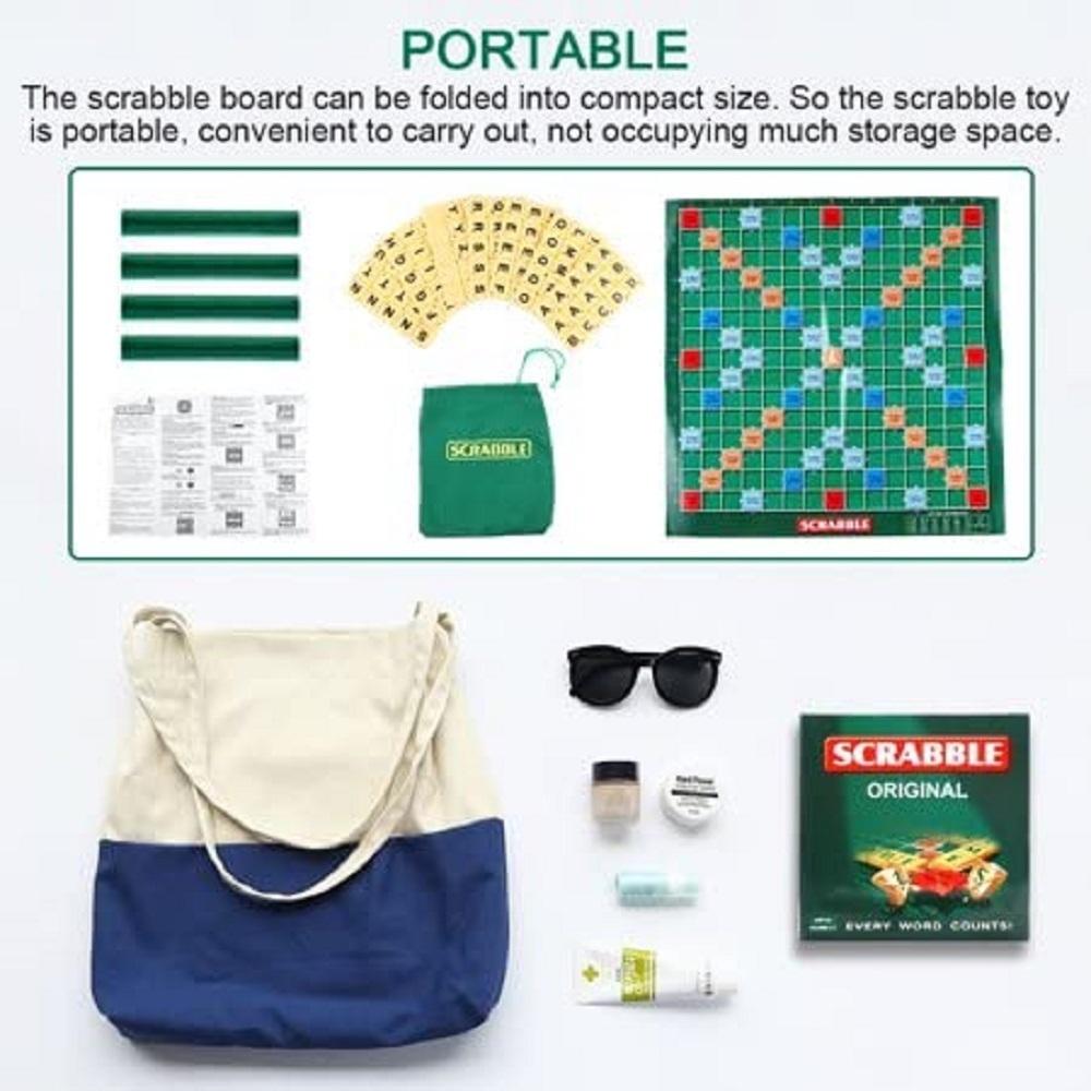 NIYO TOYS mini Scrabble board game with foldable board tiles and carrying pouch for portable play