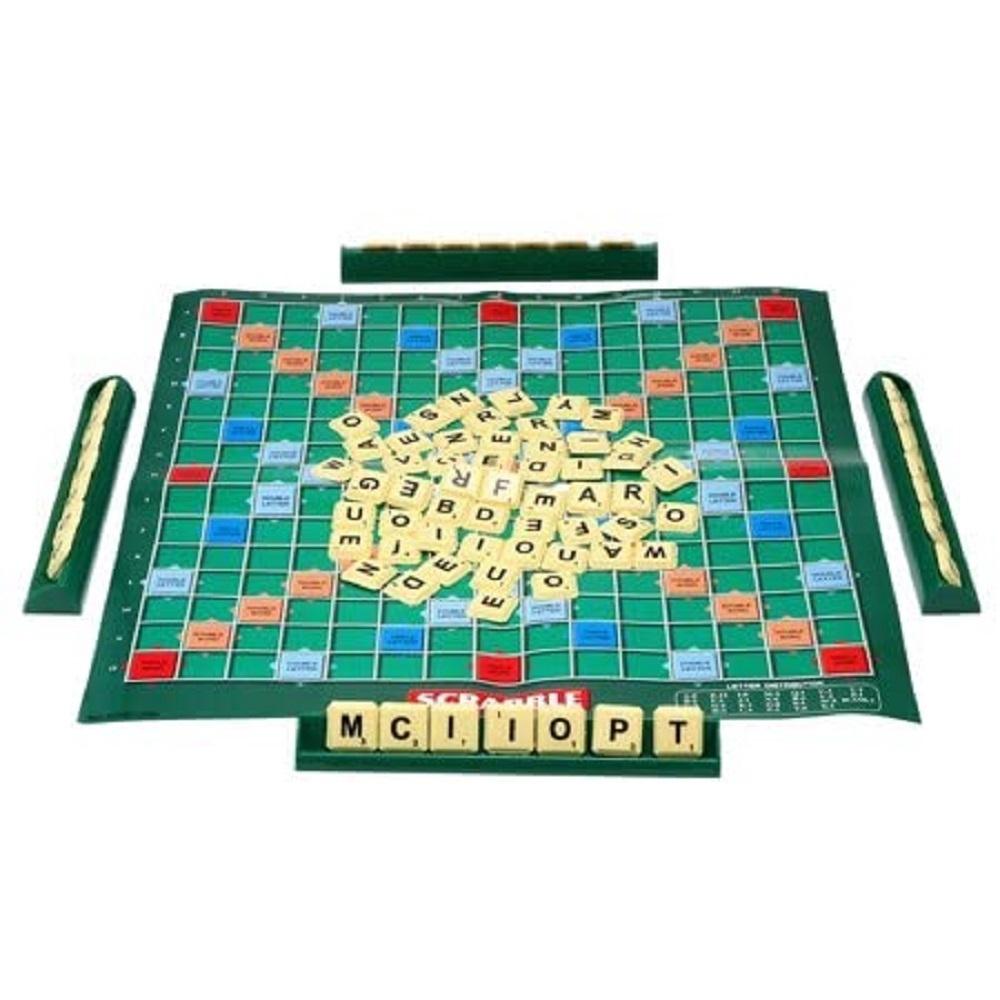 NIYO TOYS mini Scrabble board game with letter tiles and four tile racks on green game board