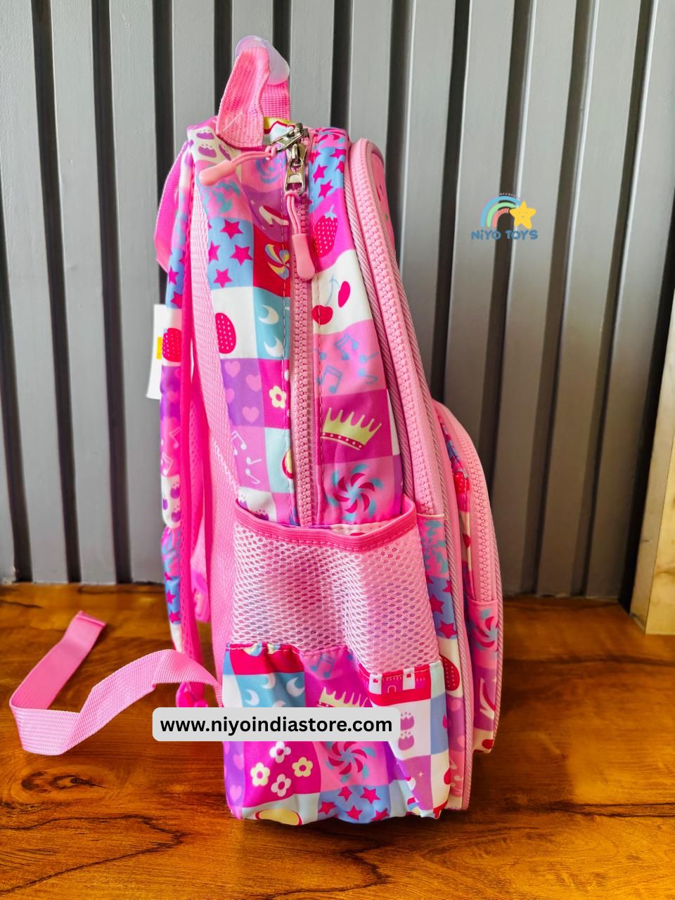 NIYO TOYS Colorful Kids Backpack in Pink with Fun Patterns and Mesh Pocket for School Use