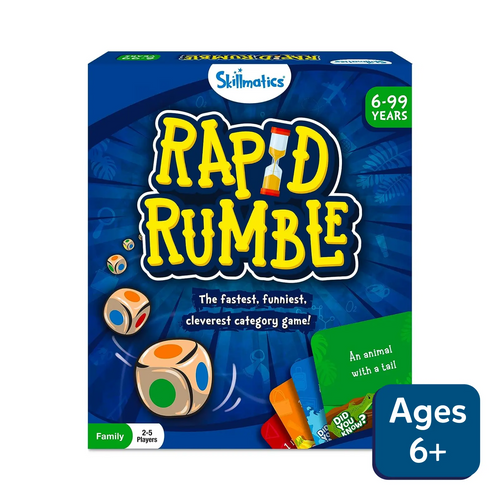 Skillmatics Rapid Rumble board game for ages 6 and up, designed for 2-5 players with fun category challenges