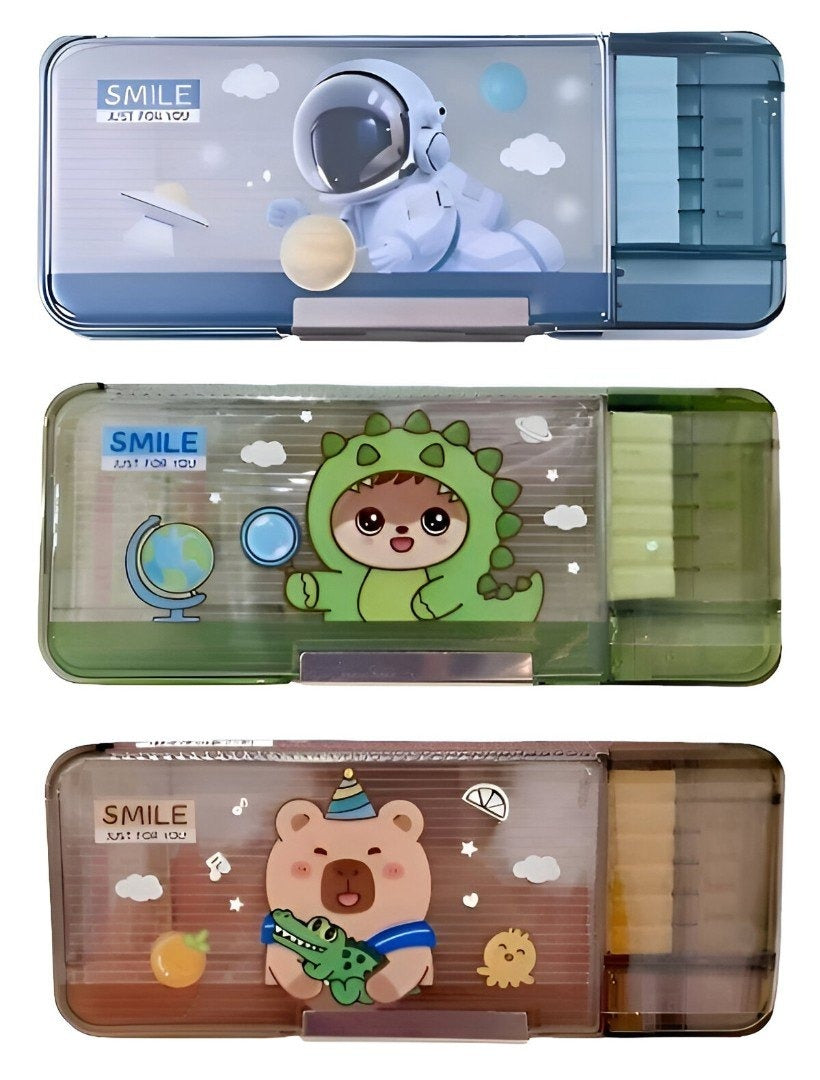 Three colorful NIYO TOYS pencil cases for kids featuring cute designs like an astronaut, dinosaur, and bear, age 3+