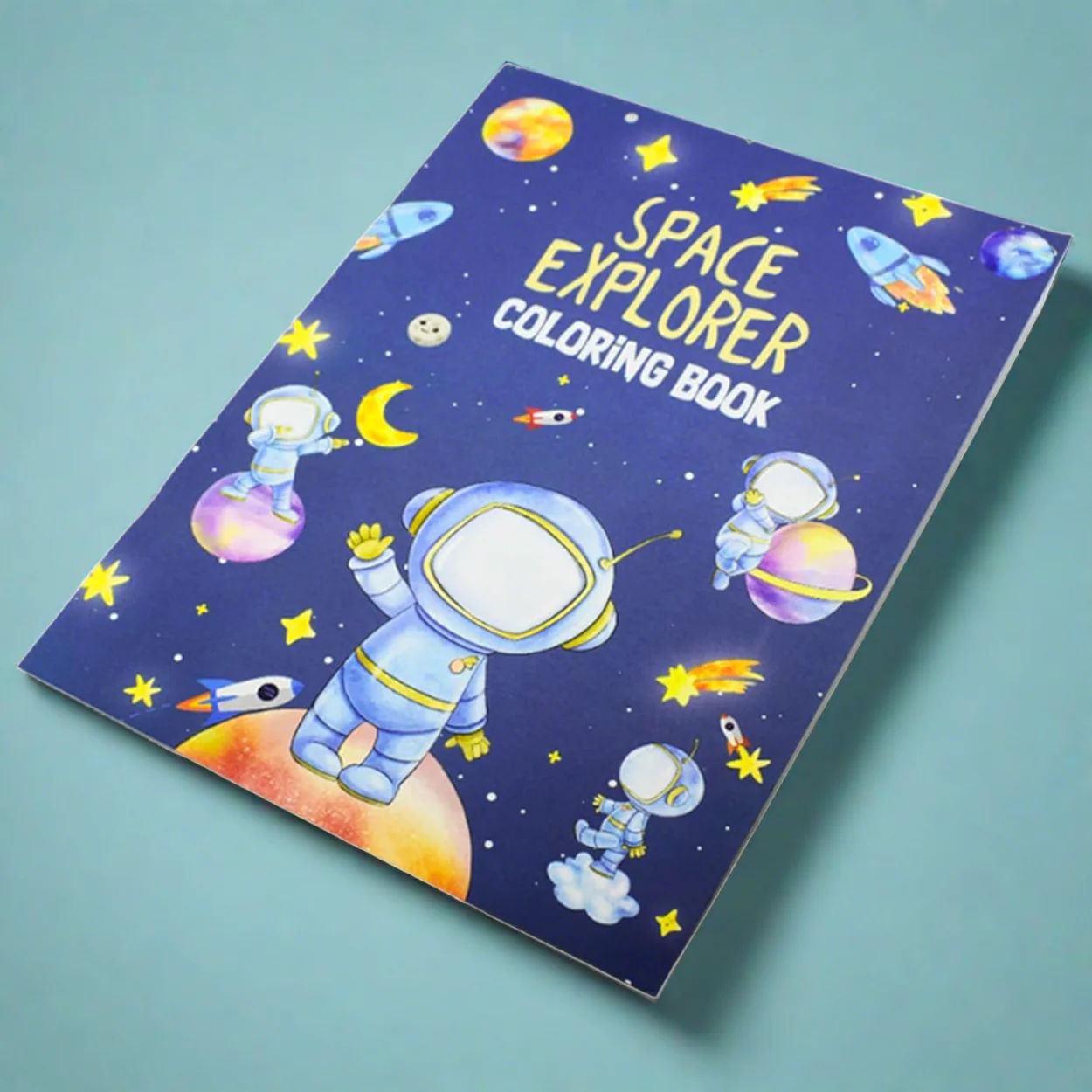 Space and unicorn coloring book for kids featuring astronauts and planets, perfect for age 3+ and creative play.
