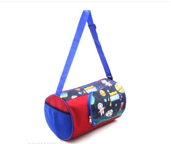 NIYO TOYS space-themed gym bag for kids featuring colorful planets and stars on a blue background
