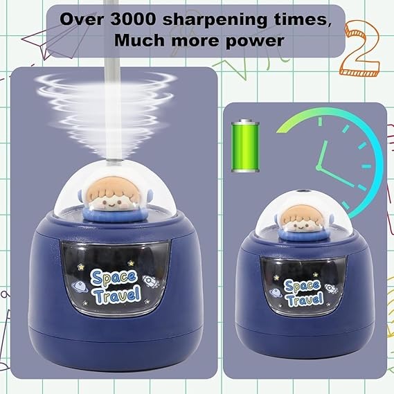 NIYO TOYS Space Travel sharpener in blue with cartoon astronaut, durable and rechargeable design