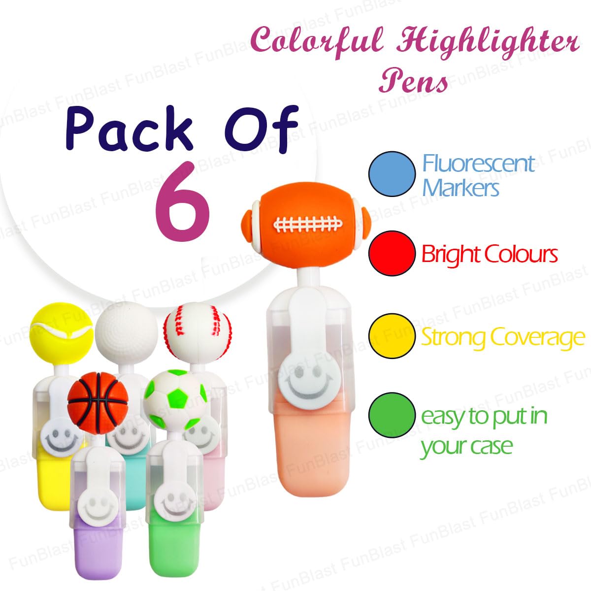 NIYO TOYS sports themed highlighter set with six colorful fluorescent markers in various sports designs