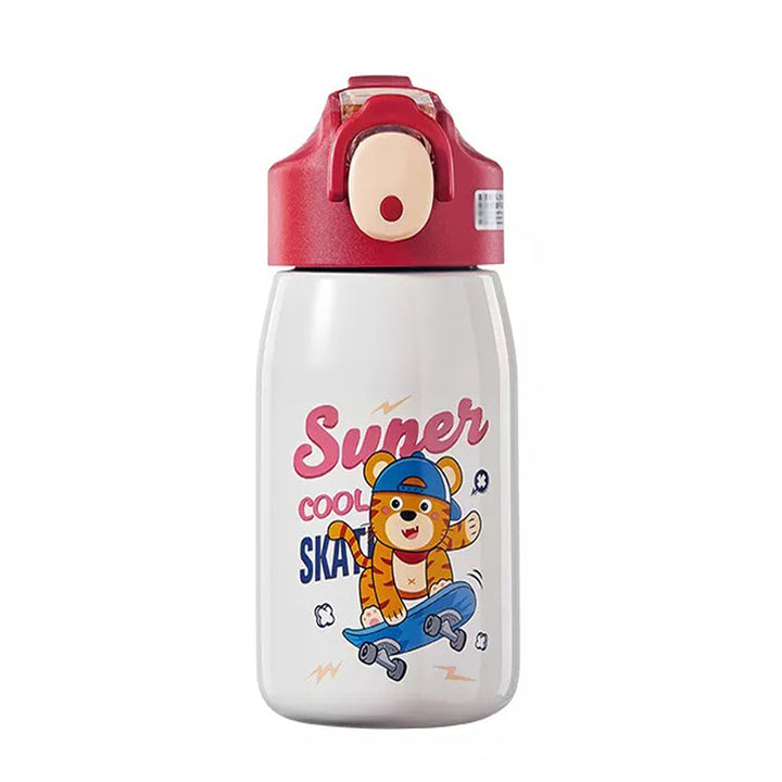 NIYO TOYS stainless steel water bottle kids with a fun skateboarding bear design and easy-open lid