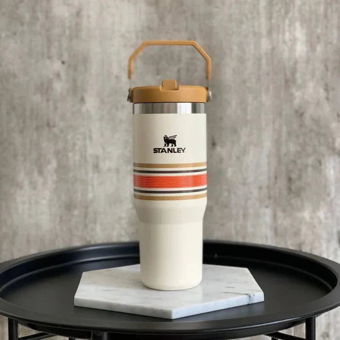 Stanley White Insulated Tumbler with Carry Handle and Retro Stripes for Hydration on the Go