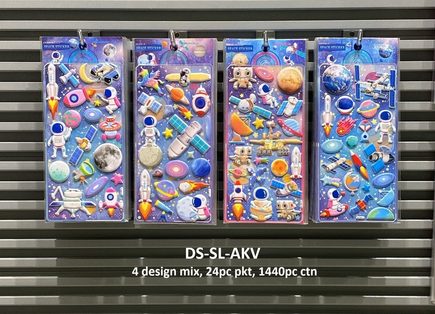 Decorative stickers of space in a mix of designs featuring planets, rockets, and astronauts for ages 3 and up