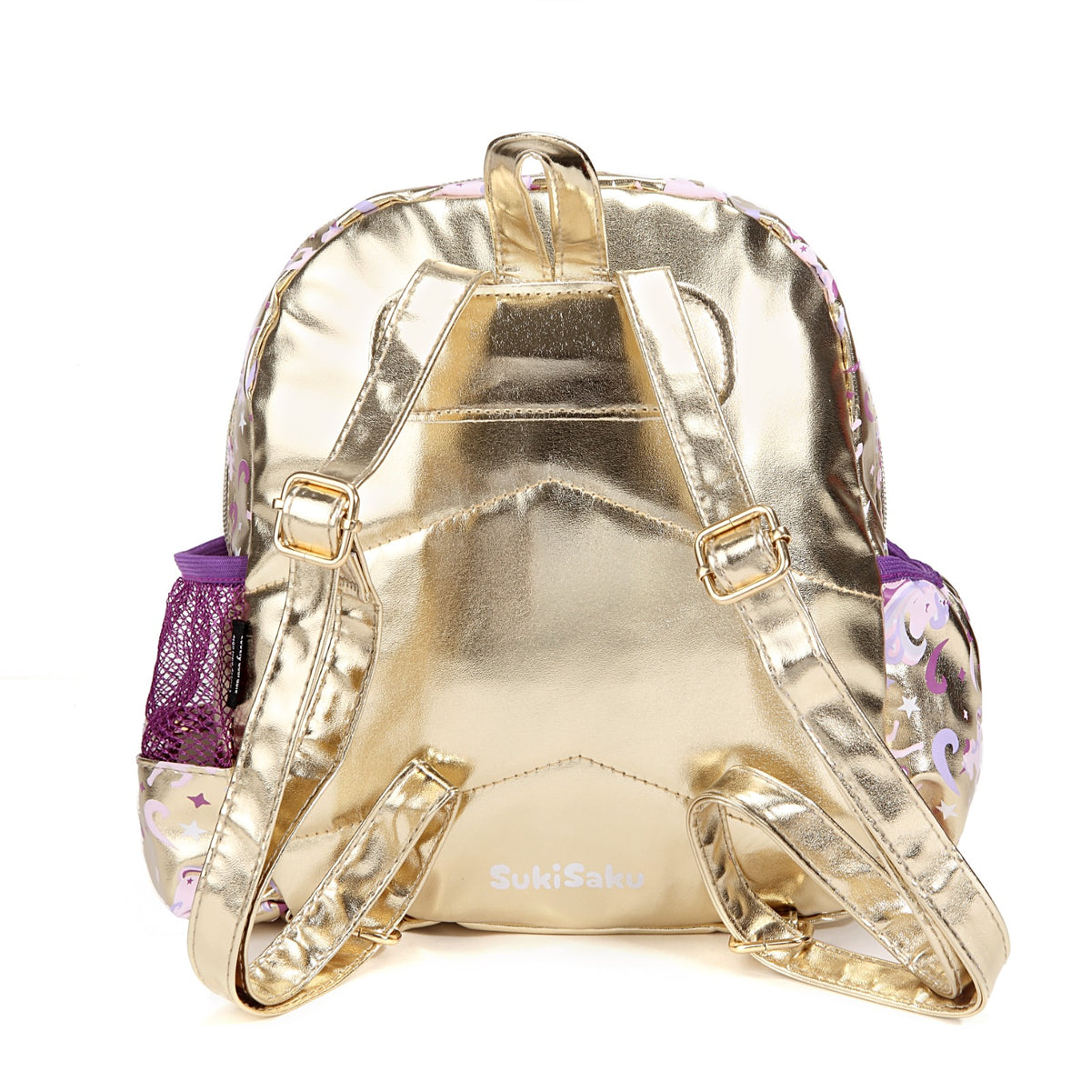 Gold unicorn backpack with purple accents, ideal for kids ages 3 and up for school or play