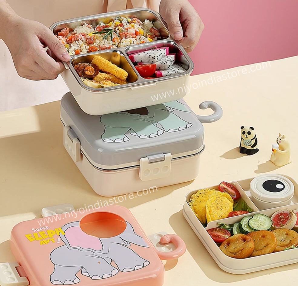 NIYO TOYS Lunch Box with Elephant Design, Featuring Multiple Compartments for Healthy Meals